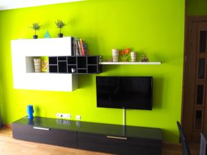 a living room with a green wall with a flat screen tv at Apartamento Golf Buenas Vistas in Cirueña
