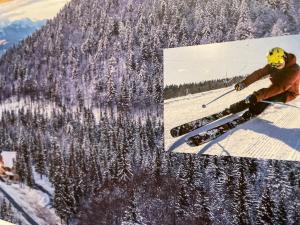 2 Bilder von einem Mann, der einen schneebedeckten Berg hinunter fährt in der Unterkunft Mr. Bens cottage in Škofja Loka