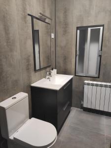 ein Badezimmer mit einem WC, einem Waschbecken und einem Spiegel in der Unterkunft navas suite in Navas del Rey