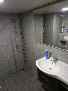 a bathroom with a sink and a shower with a mirror at Crazy Suite in Ashqelon