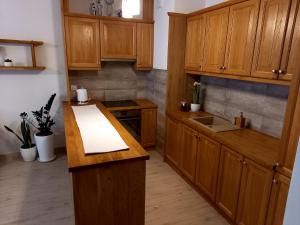 Una cocina con gabinetes de madera y encimera. en Apartament Green Park, en Starogard Gdański