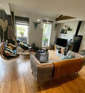 uma sala de estar com um sofá e um baloiço em Coeur de Lyon avec Terrasse et Jacuzzi em Lyon