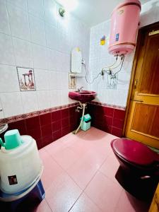 a bathroom with a pink toilet and a sink at Grand view lodge and Restaurant Dharamshala - Partial Prepayment required to confirm booking in Dharamshala