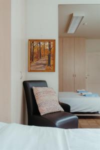 - une chambre avec un lit et une chaise avec un oreiller dans l'établissement Villa Fortem męt sauna en jacuzzi, à Alveringem