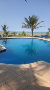 a large blue swimming pool with a palm tree in the background at HOTEL PRAIA DA PAIXÃO in Prado