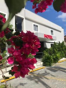 Um edifício com flores cor-de-rosa à frente. em Hotel Aeroporto Montese Star em Fortaleza