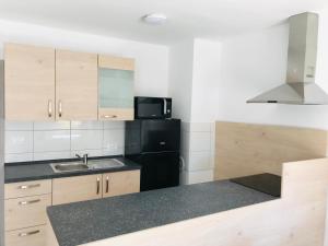 a kitchen with a black refrigerator and a sink at Apartma Pep in Kobarid