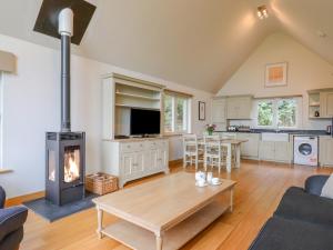 a living room with a wood stove in a kitchen at Swandown, 2 Blackdown in Chard