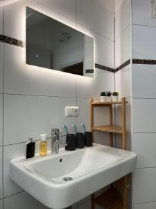 bagno con lavandino bianco e specchio di Rudolfquartier Linz, Rudolfstraße a Linz