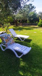 dos sillas de jardín sentadas en el césped en un patio en Villa Freedom - Koutsoubri Beach Evia, en Agriovótanon