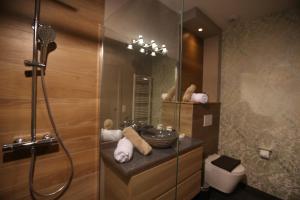 a bathroom with a shower and a sink and a toilet at La Transparence in Mazaye