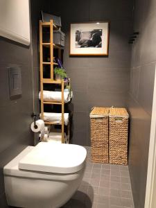 a bathroom with a white toilet and a shelf at Private room in Oslo in Oslo