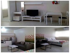 2 fotos de una sala de estar con sofá y mesa en Dmk Don Mueang airport Guest House meetgreet service, en Thung Si Kan