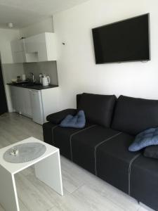 a living room with a black couch and a table at Sailor Apart Okuninka in Okuninka