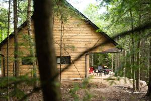 uma cabana de madeira com um alpendre na floresta em Private Off Grid Cottage Nestled in Nature With Waterfront em Barrys Bay
