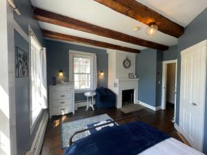 1 dormitorio con paredes azules, 1 cama y chimenea en Stone Hearth Inn and Eatery, en Chester