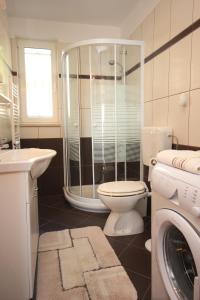 ein Badezimmer mit einem WC, einer Dusche und einer Waschmaschine in der Unterkunft Apartments by the sea Rovinj - 3373 in Rovinj