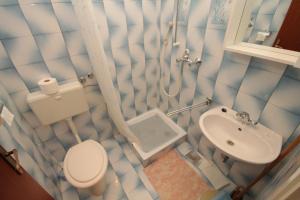 a blue and white bathroom with a toilet and sink at Apartment Labin 7468b in Labin