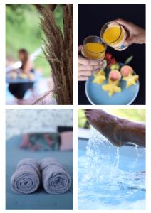 a collage of pictures with a glass of orange juice and towels at Lodges Mont-Vert in Le Robert