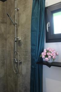 a shower with a glass door with pink flowers on a shelf at Lodges Mont-Vert in Le Robert