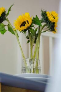 a vase filled with yellow flowers on a table at Chapel Break, 2 Bed, 2 Bathroom House With Parking & Fast Wifi in Norwich