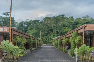 a dirt road between two buildings with plants at Cabañas del Rio in Fortuna