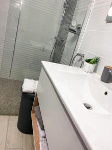 a bathroom with a white sink and a mirror at Au cœur des montagnes in Capesterre-Belle-Eau