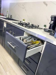 una cocina con un cajón abierto con utensilios en Au cœur de la plaine, en Capesterre-Belle-Eau