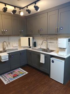 a kitchen with gray cabinets and a sink and refrigerator at Elephant Hostel Nampo in Busan