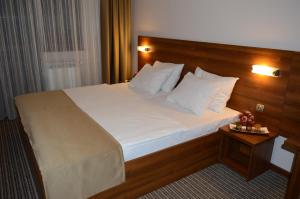 a bedroom with a large bed with a wooden headboard at Hotel Damis in Pale
