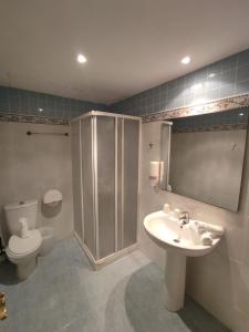 ein Badezimmer mit Waschbecken, Toilette und Spiegel in der Unterkunft HOTEL EL MOLINO DE PANCORBO in Pancorbo