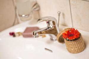 un lavandino in bagno con una tazza con un fiore all'interno di Vecchio Treno guest house a Tivoli