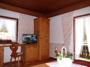 a living room with a tv on a wooden cabinet at Haus Hoher Sattel in Leutasch