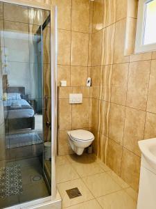 a bathroom with a toilet and a shower at ALOM in Osijek