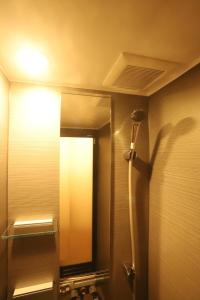 a bathroom with a mirror and a blow dryer at Hotel Chalet Ryuo in Yamanouchi