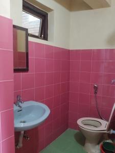 a pink bathroom with a sink and a toilet at Diya's Guest House in Bandipur