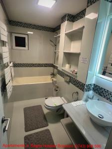 ボトシャニにあるApartament cu 3 camere De Lux aproape de Cornisa Aquapark vizavi de Carrefourの洗面台、トイレ、浴槽を備えたバスルーム