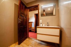 La salle de bains est pourvue d'un lavabo et d'un miroir. dans l'établissement Hotel Galerie, à Roudnice nad Labem