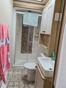 a bathroom with a shower and a toilet and a sink at Luxury holiday lodge Lyons Robin Hood Rhyl Wales in Rhyl