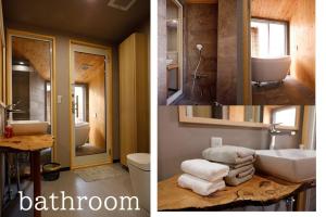 two pictures of a bathroom with a sink and a mirror at 星のワルツ　御家堂(Oiedo) in Komoro