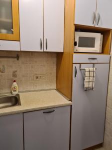 una cucina con armadi bianchi e frigorifero con forno a microonde di Dolores Apartment a Opatija