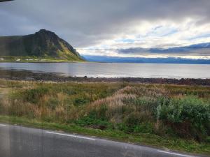 a road next to a body of water with a mountain at Nøss Panorama in Nøss