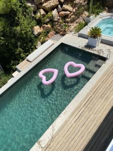 a swimming pool with pink snails in the water at Design Studio Cap Rubio Ibiza in Na Xamena