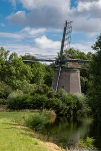 um moinho de vento num campo junto a um rio em Hotelhuisjes Aartswoud em Aartswoud