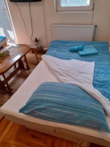 un letto con lenzuola blu sopra in una stanza di N&N a Brzeće