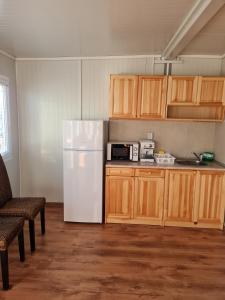 a kitchen with a white refrigerator and wooden cabinets at Rich Avdira Beach in Ávdhira