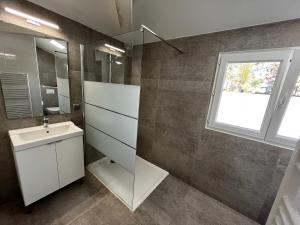 een badkamer met een wastafel en een spiegel bij Maison indépendante 42m2. Calme et verdure :) in Landorthe
