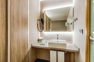 uma casa de banho com um lavatório e um espelho em NH Brussels Airport em Diegem