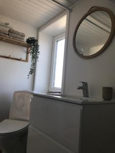 een badkamer met een wastafel, een toilet en een spiegel bij Seaside Top in Thisted