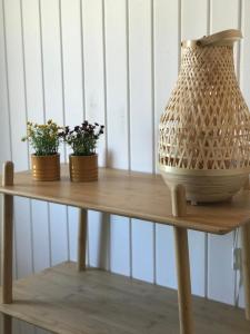 a vase sitting on a wooden table with three plants at Seaside Top in Thisted